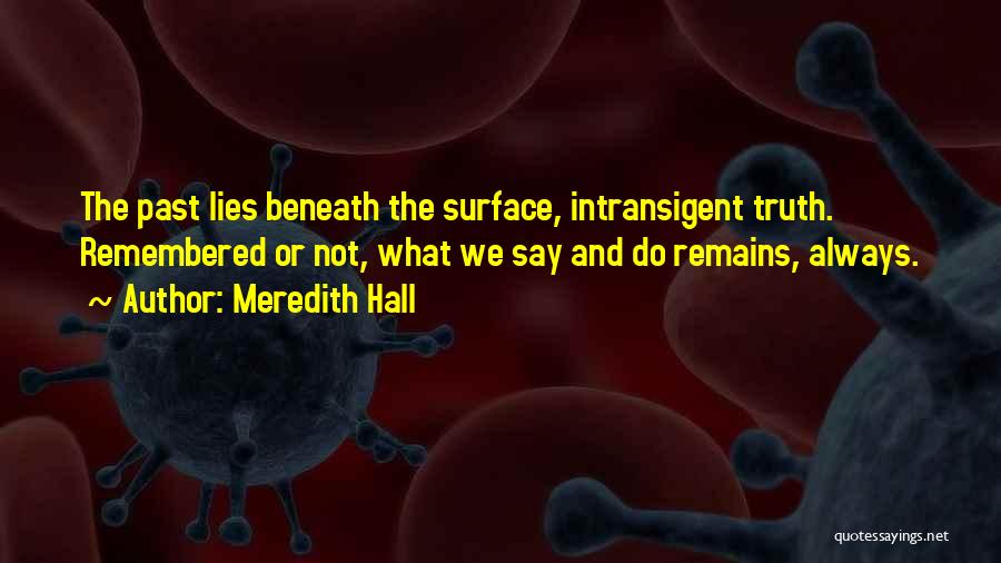 Meredith Hall Quotes: The Past Lies Beneath The Surface, Intransigent Truth. Remembered Or Not, What We Say And Do Remains, Always.