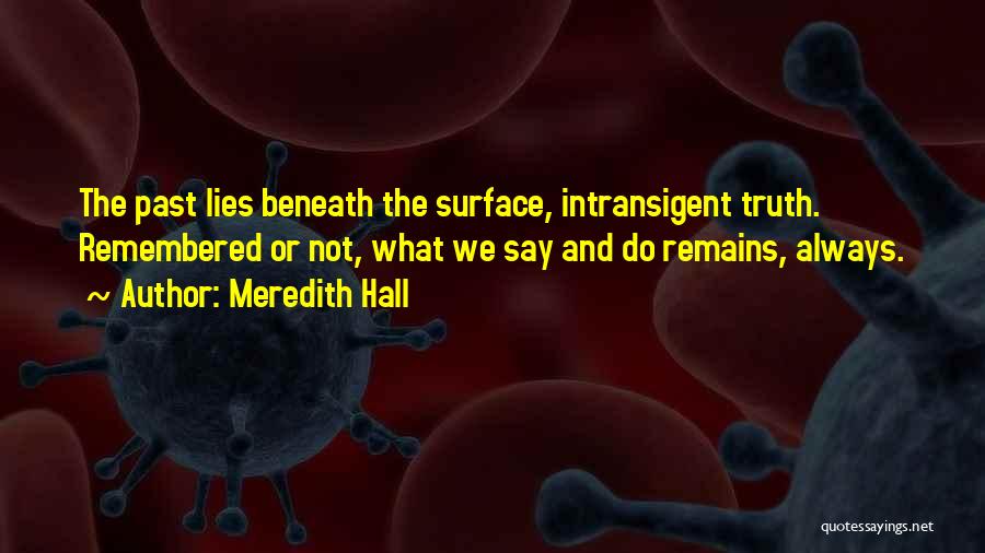 Meredith Hall Quotes: The Past Lies Beneath The Surface, Intransigent Truth. Remembered Or Not, What We Say And Do Remains, Always.