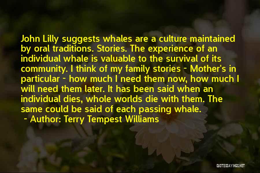 Terry Tempest Williams Quotes: John Lilly Suggests Whales Are A Culture Maintained By Oral Traditions. Stories. The Experience Of An Individual Whale Is Valuable