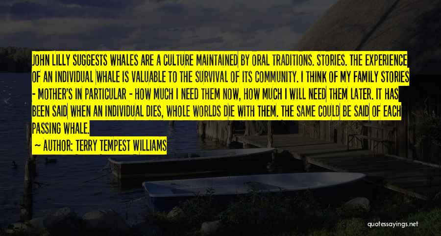 Terry Tempest Williams Quotes: John Lilly Suggests Whales Are A Culture Maintained By Oral Traditions. Stories. The Experience Of An Individual Whale Is Valuable