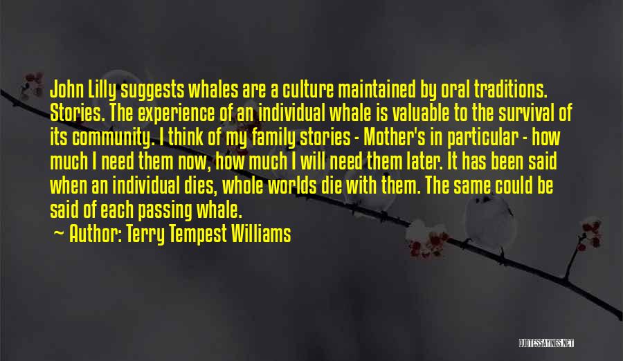 Terry Tempest Williams Quotes: John Lilly Suggests Whales Are A Culture Maintained By Oral Traditions. Stories. The Experience Of An Individual Whale Is Valuable