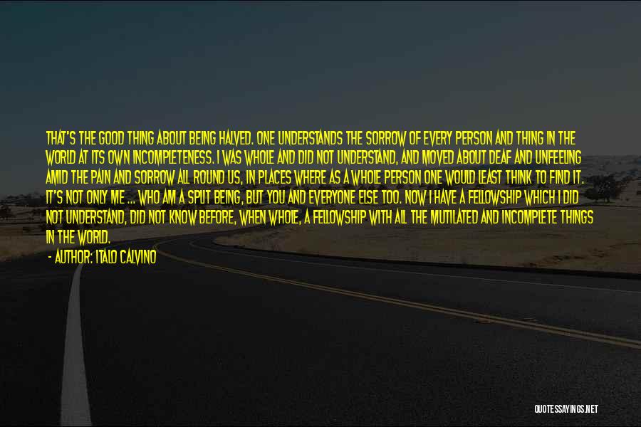 Italo Calvino Quotes: That's The Good Thing About Being Halved. One Understands The Sorrow Of Every Person And Thing In The World At