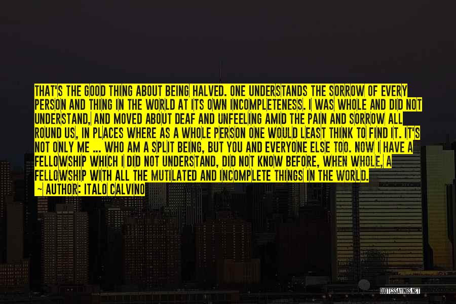 Italo Calvino Quotes: That's The Good Thing About Being Halved. One Understands The Sorrow Of Every Person And Thing In The World At