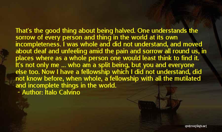 Italo Calvino Quotes: That's The Good Thing About Being Halved. One Understands The Sorrow Of Every Person And Thing In The World At