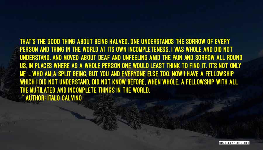 Italo Calvino Quotes: That's The Good Thing About Being Halved. One Understands The Sorrow Of Every Person And Thing In The World At