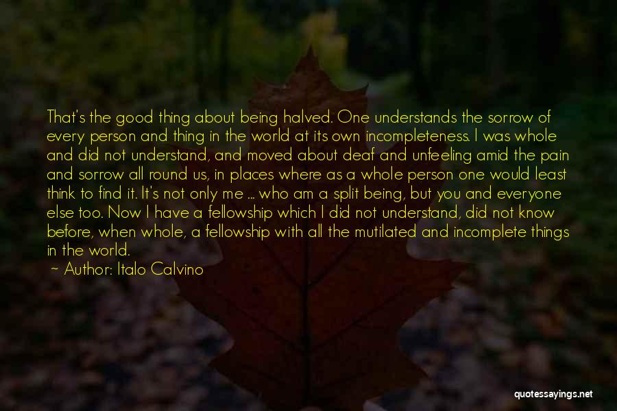 Italo Calvino Quotes: That's The Good Thing About Being Halved. One Understands The Sorrow Of Every Person And Thing In The World At