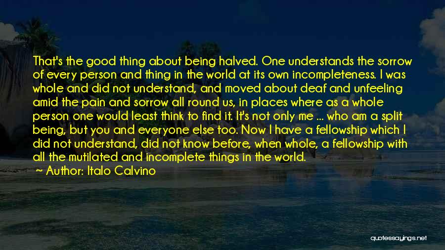 Italo Calvino Quotes: That's The Good Thing About Being Halved. One Understands The Sorrow Of Every Person And Thing In The World At