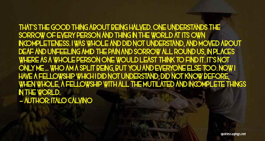 Italo Calvino Quotes: That's The Good Thing About Being Halved. One Understands The Sorrow Of Every Person And Thing In The World At