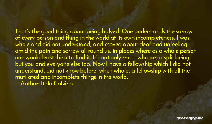 Italo Calvino Quotes: That's The Good Thing About Being Halved. One Understands The Sorrow Of Every Person And Thing In The World At