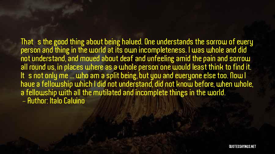 Italo Calvino Quotes: That's The Good Thing About Being Halved. One Understands The Sorrow Of Every Person And Thing In The World At