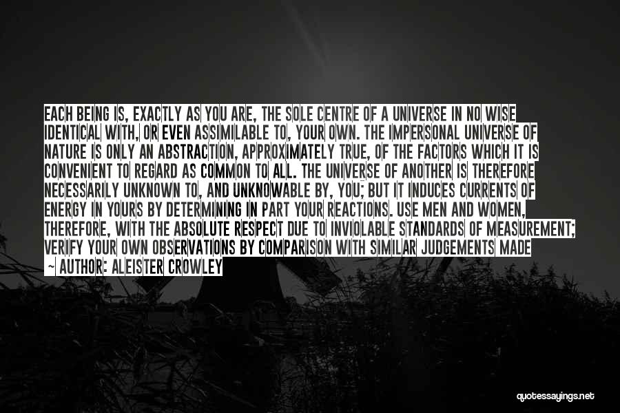 Aleister Crowley Quotes: Each Being Is, Exactly As You Are, The Sole Centre Of A Universe In No Wise Identical With, Or Even