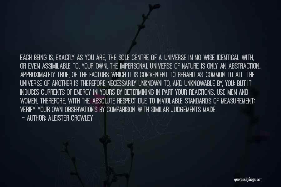 Aleister Crowley Quotes: Each Being Is, Exactly As You Are, The Sole Centre Of A Universe In No Wise Identical With, Or Even