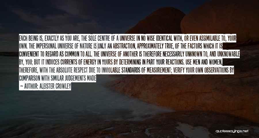 Aleister Crowley Quotes: Each Being Is, Exactly As You Are, The Sole Centre Of A Universe In No Wise Identical With, Or Even