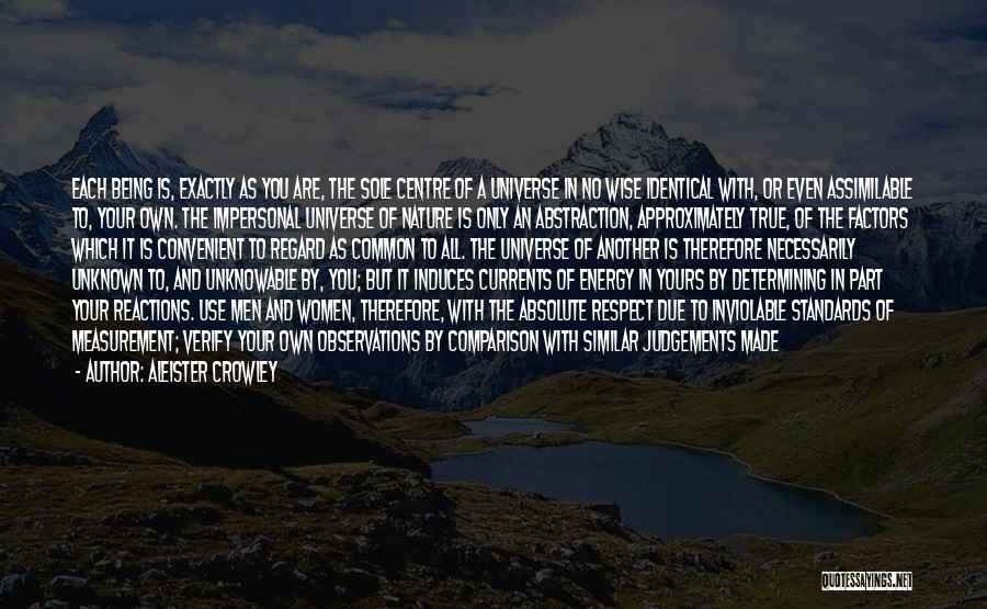 Aleister Crowley Quotes: Each Being Is, Exactly As You Are, The Sole Centre Of A Universe In No Wise Identical With, Or Even