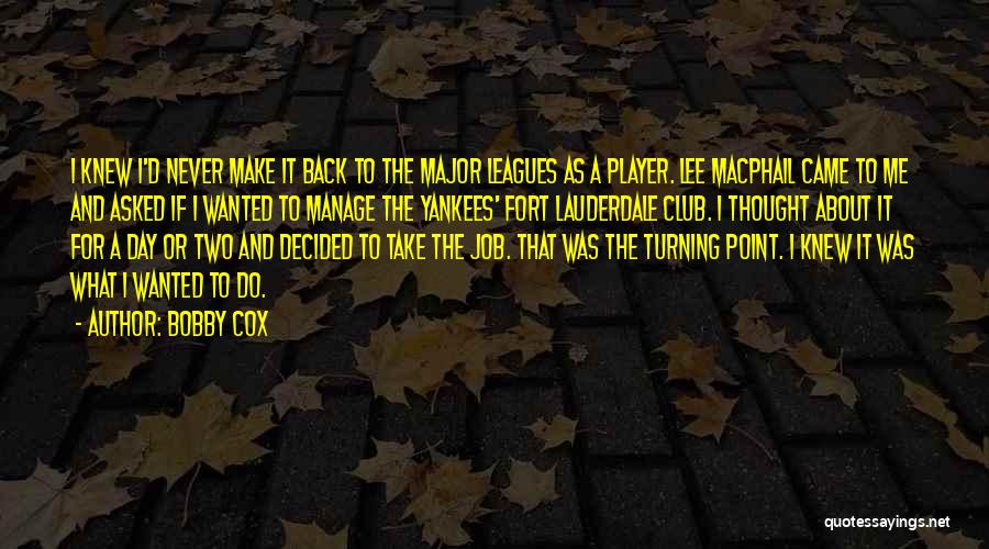 Bobby Cox Quotes: I Knew I'd Never Make It Back To The Major Leagues As A Player. Lee Macphail Came To Me And