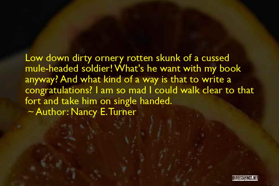 Nancy E. Turner Quotes: Low Down Dirty Ornery Rotten Skunk Of A Cussed Mule-headed Soldier! What's He Want With My Book Anyway? And What