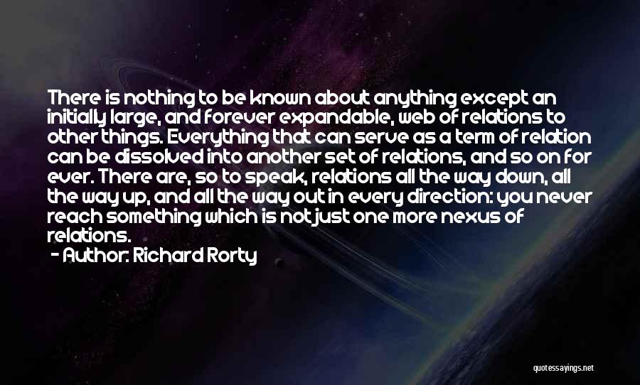 Richard Rorty Quotes: There Is Nothing To Be Known About Anything Except An Initially Large, And Forever Expandable, Web Of Relations To Other