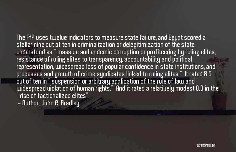 John R. Bradley Quotes: The Ffp Uses Twelve Indicators To Measure State Failure, And Egypt Scored A Stellar Nine Out Of Ten In Criminalization