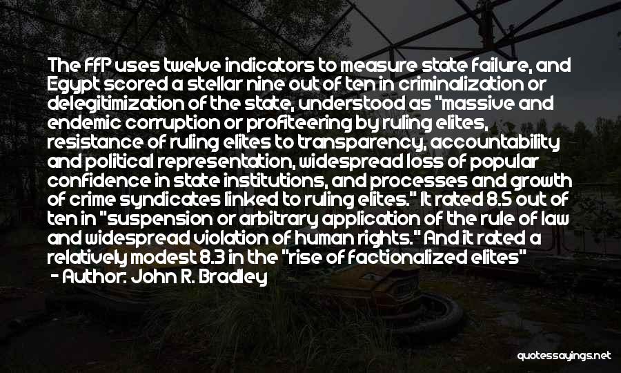 John R. Bradley Quotes: The Ffp Uses Twelve Indicators To Measure State Failure, And Egypt Scored A Stellar Nine Out Of Ten In Criminalization