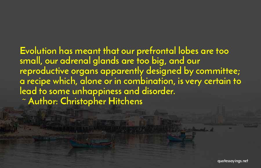 Christopher Hitchens Quotes: Evolution Has Meant That Our Prefrontal Lobes Are Too Small, Our Adrenal Glands Are Too Big, And Our Reproductive Organs