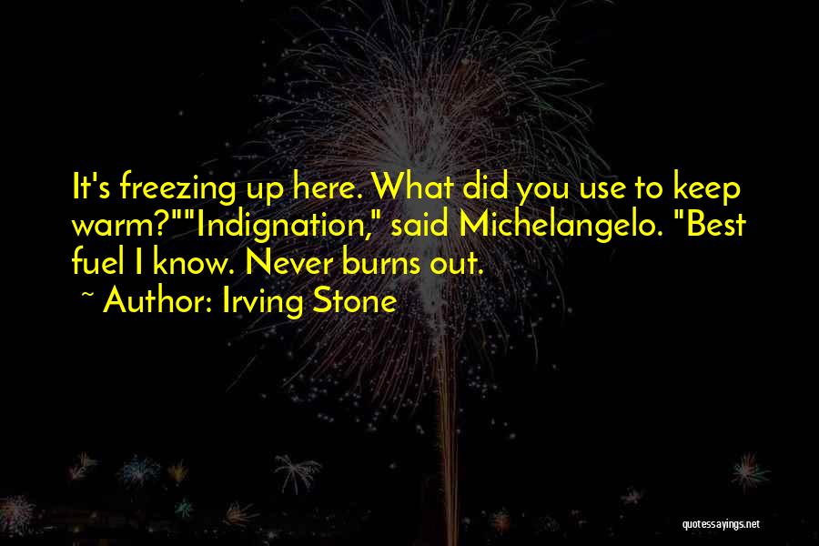 Irving Stone Quotes: It's Freezing Up Here. What Did You Use To Keep Warm?indignation, Said Michelangelo. Best Fuel I Know. Never Burns Out.