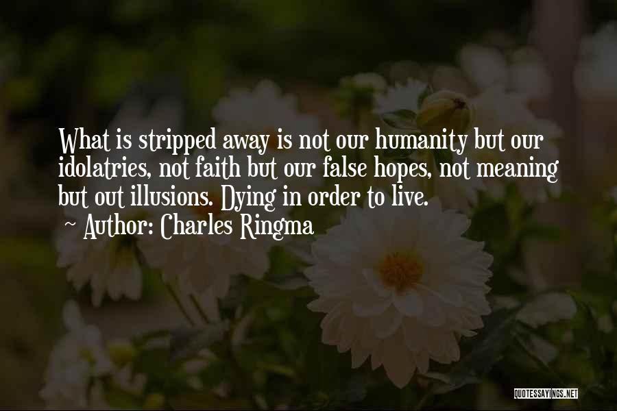 Charles Ringma Quotes: What Is Stripped Away Is Not Our Humanity But Our Idolatries, Not Faith But Our False Hopes, Not Meaning But