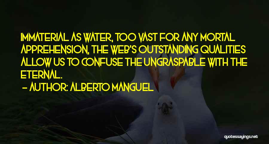 Alberto Manguel Quotes: Immaterial As Water, Too Vast For Any Mortal Apprehension, The Web's Outstanding Qualities Allow Us To Confuse The Ungraspable With