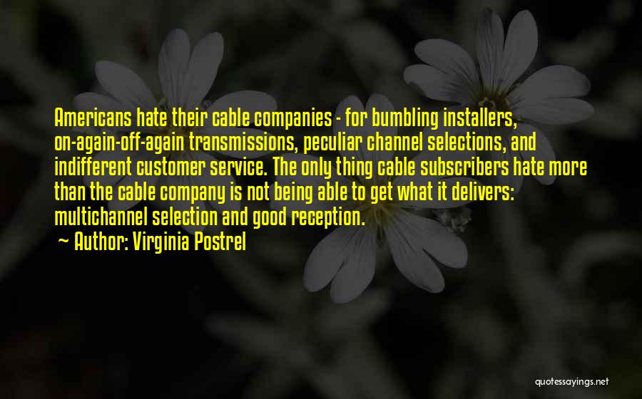 Virginia Postrel Quotes: Americans Hate Their Cable Companies - For Bumbling Installers, On-again-off-again Transmissions, Peculiar Channel Selections, And Indifferent Customer Service. The Only