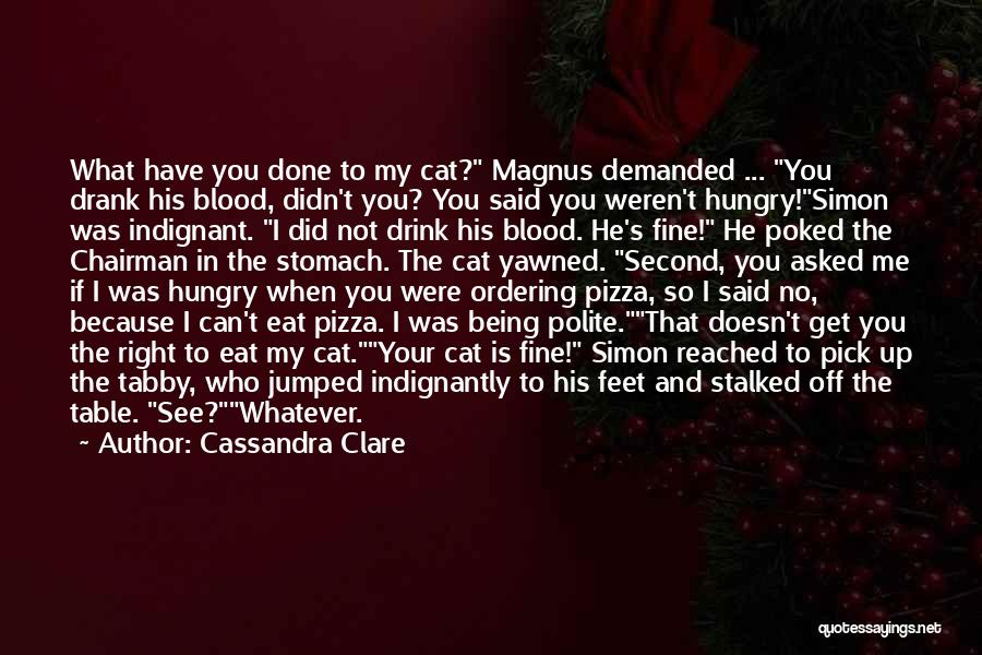 Cassandra Clare Quotes: What Have You Done To My Cat? Magnus Demanded ... You Drank His Blood, Didn't You? You Said You Weren't