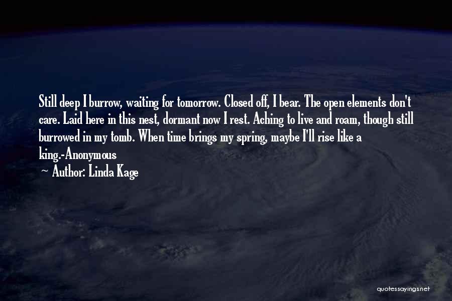 Linda Kage Quotes: Still Deep I Burrow, Waiting For Tomorrow. Closed Off, I Bear. The Open Elements Don't Care. Laid Here In This