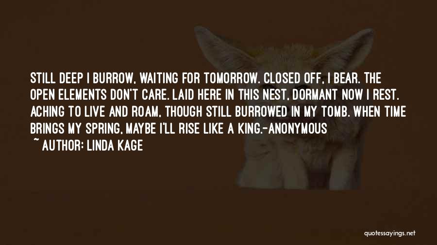 Linda Kage Quotes: Still Deep I Burrow, Waiting For Tomorrow. Closed Off, I Bear. The Open Elements Don't Care. Laid Here In This