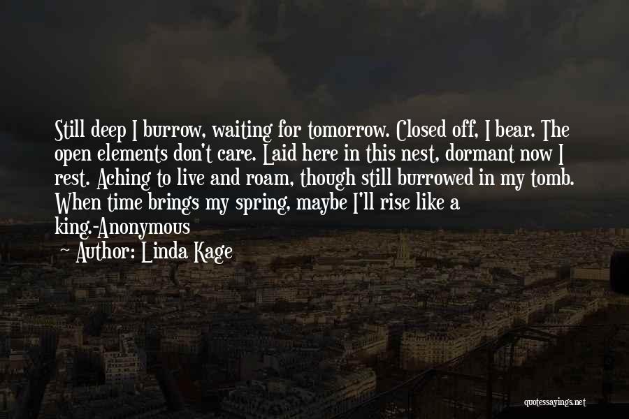 Linda Kage Quotes: Still Deep I Burrow, Waiting For Tomorrow. Closed Off, I Bear. The Open Elements Don't Care. Laid Here In This