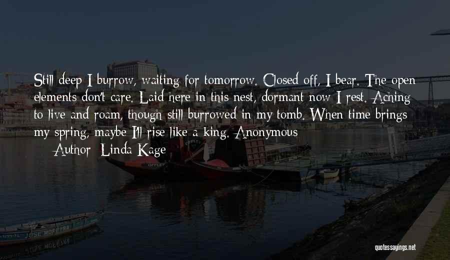 Linda Kage Quotes: Still Deep I Burrow, Waiting For Tomorrow. Closed Off, I Bear. The Open Elements Don't Care. Laid Here In This