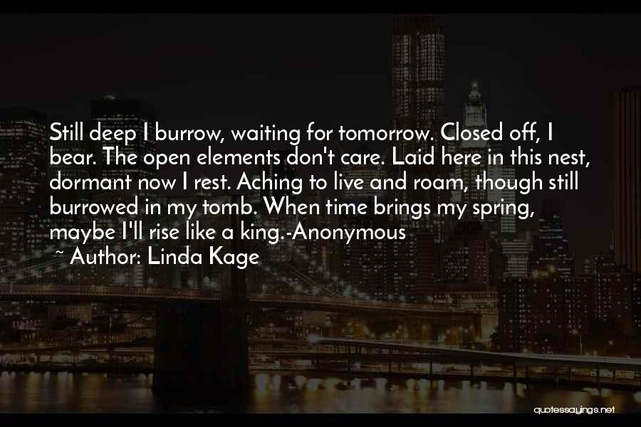 Linda Kage Quotes: Still Deep I Burrow, Waiting For Tomorrow. Closed Off, I Bear. The Open Elements Don't Care. Laid Here In This