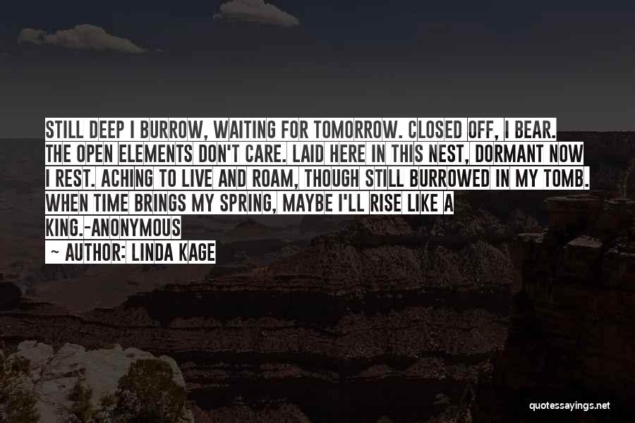 Linda Kage Quotes: Still Deep I Burrow, Waiting For Tomorrow. Closed Off, I Bear. The Open Elements Don't Care. Laid Here In This