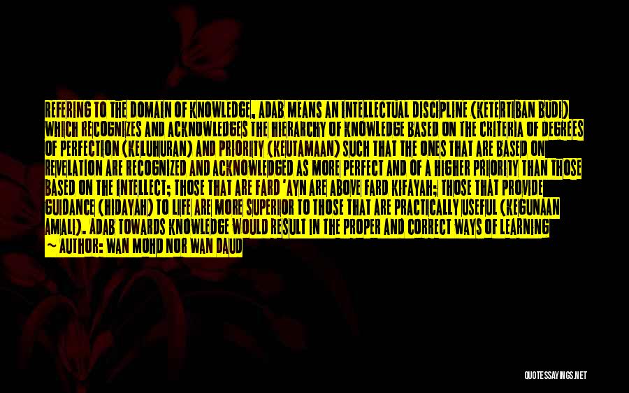 Wan Mohd Nor Wan Daud Quotes: Refering To The Domain Of Knowledge, Adab Means An Intellectual Discipline (ketertiban Budi) Which Recognizes And Acknowledges The Hierarchy Of