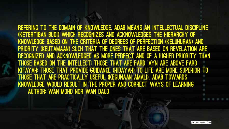 Wan Mohd Nor Wan Daud Quotes: Refering To The Domain Of Knowledge, Adab Means An Intellectual Discipline (ketertiban Budi) Which Recognizes And Acknowledges The Hierarchy Of
