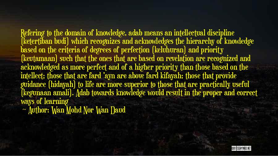 Wan Mohd Nor Wan Daud Quotes: Refering To The Domain Of Knowledge, Adab Means An Intellectual Discipline (ketertiban Budi) Which Recognizes And Acknowledges The Hierarchy Of