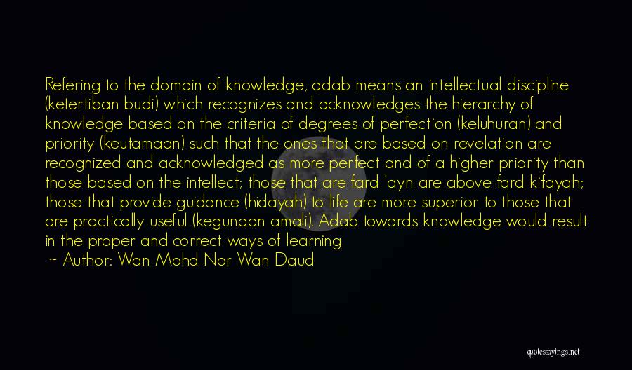 Wan Mohd Nor Wan Daud Quotes: Refering To The Domain Of Knowledge, Adab Means An Intellectual Discipline (ketertiban Budi) Which Recognizes And Acknowledges The Hierarchy Of