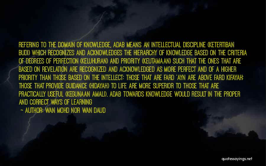 Wan Mohd Nor Wan Daud Quotes: Refering To The Domain Of Knowledge, Adab Means An Intellectual Discipline (ketertiban Budi) Which Recognizes And Acknowledges The Hierarchy Of