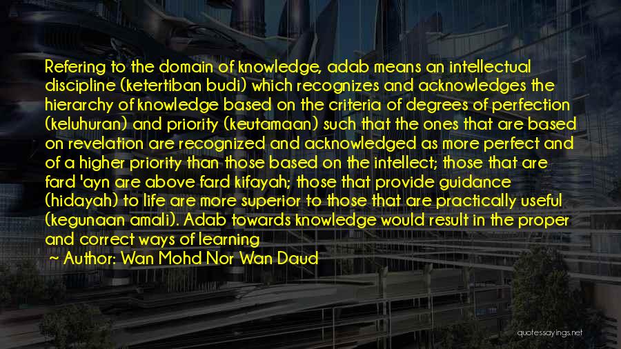 Wan Mohd Nor Wan Daud Quotes: Refering To The Domain Of Knowledge, Adab Means An Intellectual Discipline (ketertiban Budi) Which Recognizes And Acknowledges The Hierarchy Of