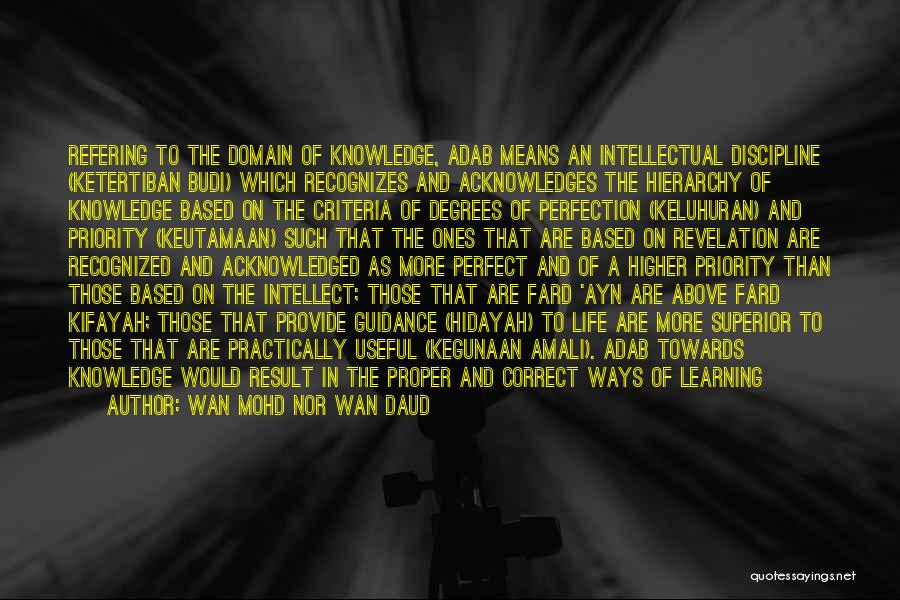 Wan Mohd Nor Wan Daud Quotes: Refering To The Domain Of Knowledge, Adab Means An Intellectual Discipline (ketertiban Budi) Which Recognizes And Acknowledges The Hierarchy Of