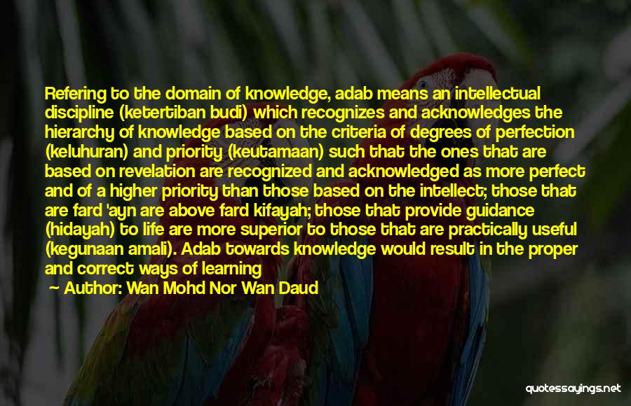 Wan Mohd Nor Wan Daud Quotes: Refering To The Domain Of Knowledge, Adab Means An Intellectual Discipline (ketertiban Budi) Which Recognizes And Acknowledges The Hierarchy Of