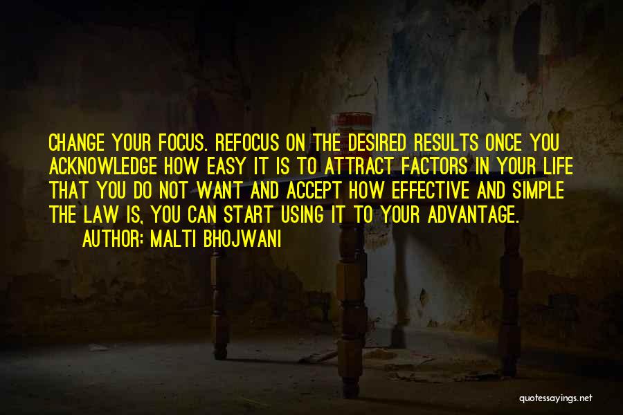 Malti Bhojwani Quotes: Change Your Focus. Refocus On The Desired Results Once You Acknowledge How Easy It Is To Attract Factors In Your