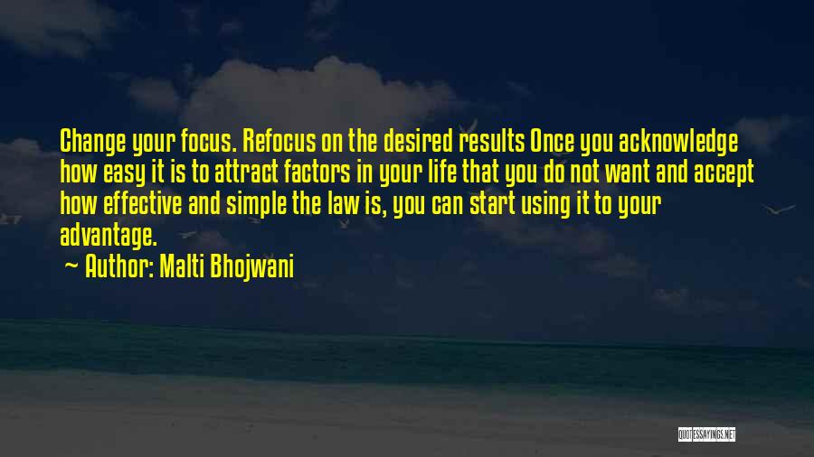 Malti Bhojwani Quotes: Change Your Focus. Refocus On The Desired Results Once You Acknowledge How Easy It Is To Attract Factors In Your