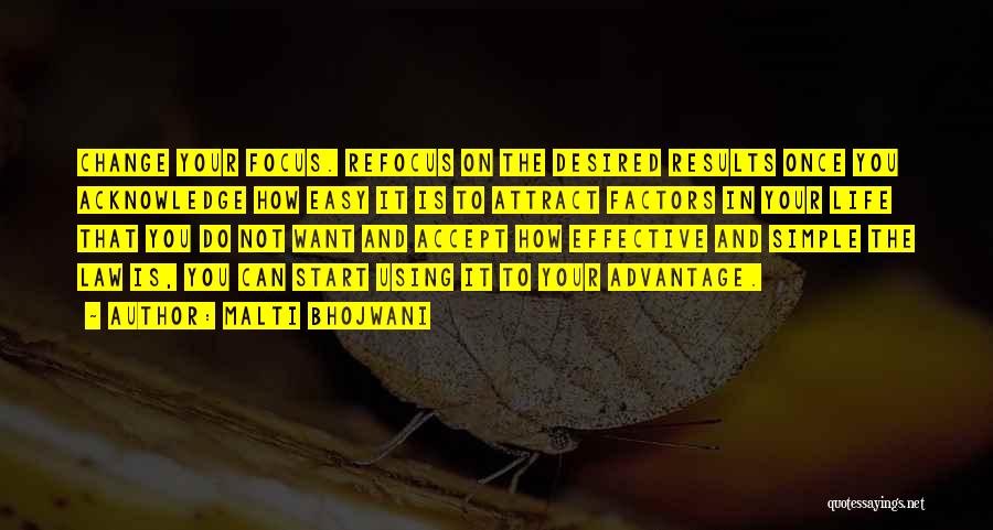 Malti Bhojwani Quotes: Change Your Focus. Refocus On The Desired Results Once You Acknowledge How Easy It Is To Attract Factors In Your