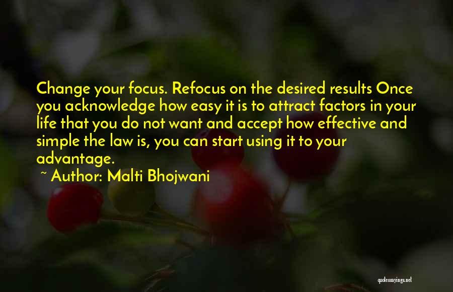 Malti Bhojwani Quotes: Change Your Focus. Refocus On The Desired Results Once You Acknowledge How Easy It Is To Attract Factors In Your