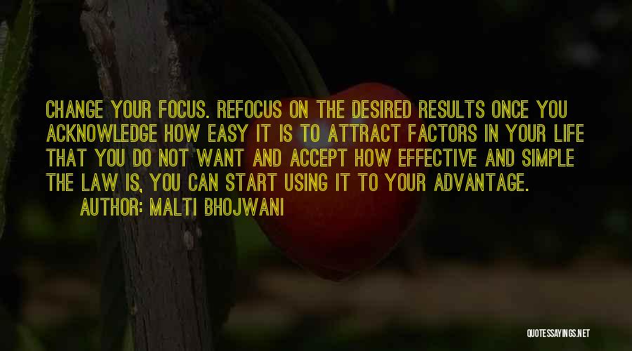 Malti Bhojwani Quotes: Change Your Focus. Refocus On The Desired Results Once You Acknowledge How Easy It Is To Attract Factors In Your
