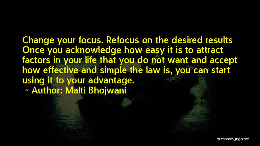 Malti Bhojwani Quotes: Change Your Focus. Refocus On The Desired Results Once You Acknowledge How Easy It Is To Attract Factors In Your