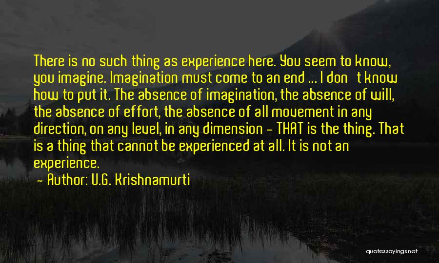 U.G. Krishnamurti Quotes: There Is No Such Thing As Experience Here. You Seem To Know, You Imagine. Imagination Must Come To An End